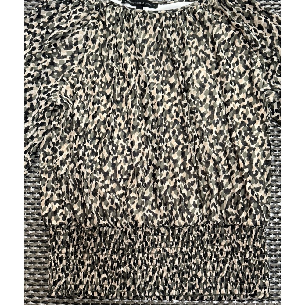 White House Black Market Smocked Waist Camouflage Lined Meshy Top Sz L - Picture 5 of 12